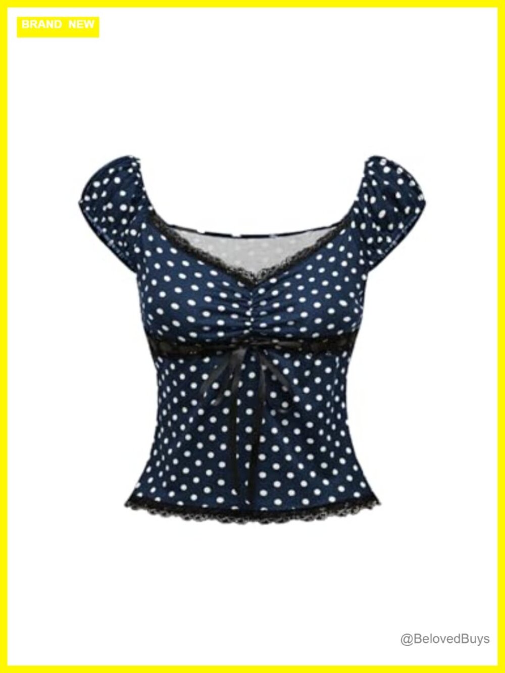 Women's Polka Dots Lace Patchwork Babydoll Crop Tee Top V-Neck Cap Sleeve